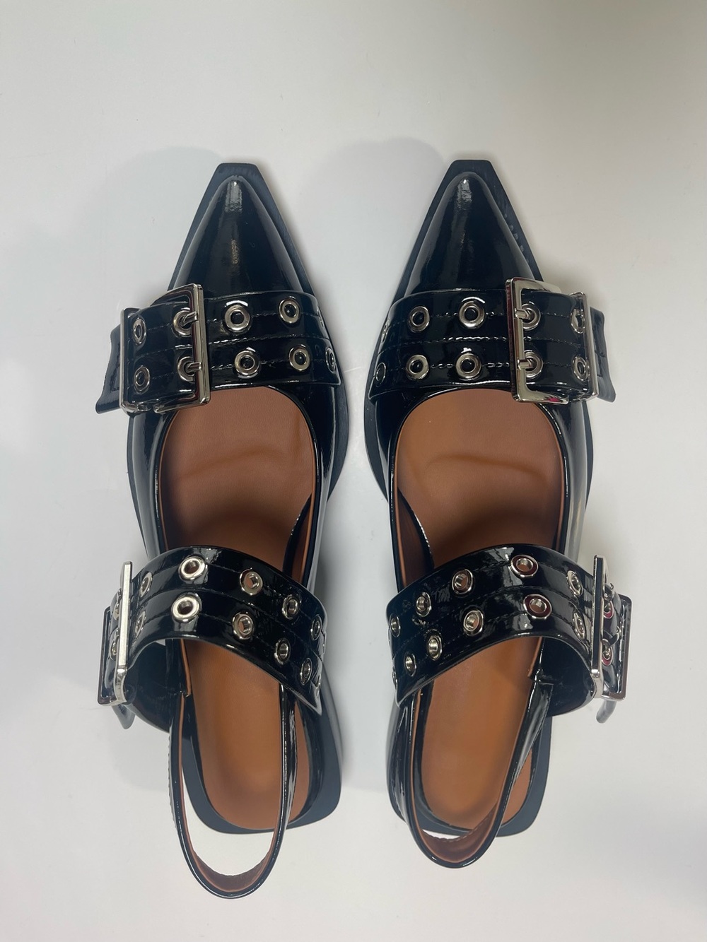 Black Patent Buckle Pointed-Toe Slingback Flats